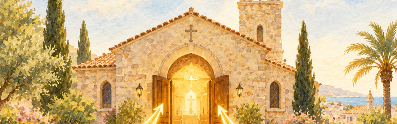 Golden giving streams flowing toward a sunlit stone church with open doors
